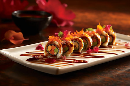 Sushi roll with salmon, eel, cucumber, avocado, cucumber, cream cheese and sauceの素材