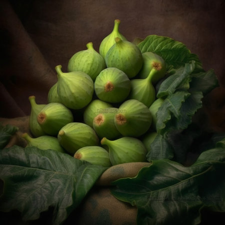 Fresh green figs with leaves on a dark background. Toned.の素材