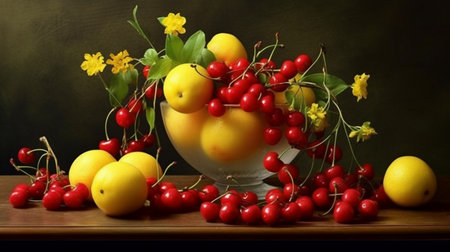 Still life with fruits and berries on a wooden table. Autumn still lifeの素材