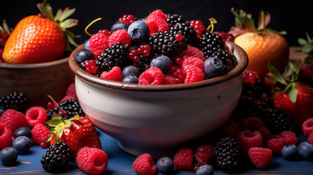 Mix of berries in a bowl on a blue wooden background. Selective focus.の素材