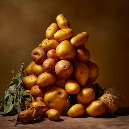 Potatoes on a brown background with space for text, still lifeの素材