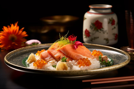 Japanese cuisine - Sashimi with rice and salmon on black backgroundの素材