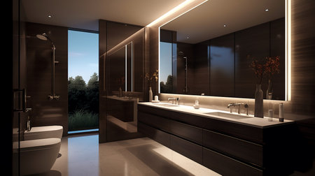 3d rendering of a modern bathroom with a panoramic viewの素材