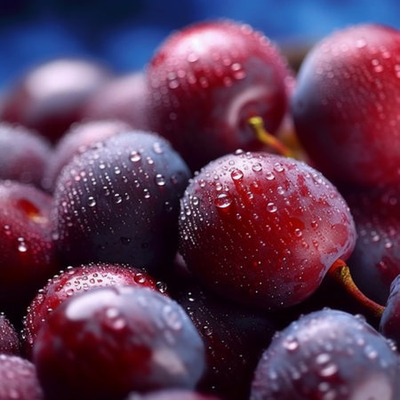 Ripe cherries with water drops on a dark blue background.の素材