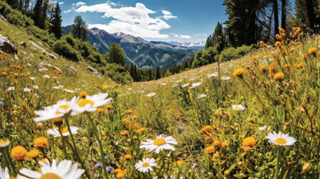 Beautiful alpine meadow with camomiles and wildflowersの素材