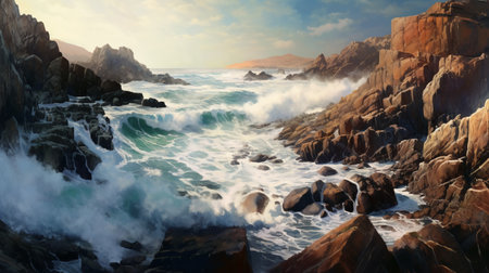 Beautiful seascape with waves and rocks. 3d renderingの素材