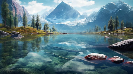 Mountain lake with clear water and mountains in the background. Digital painting.の素材