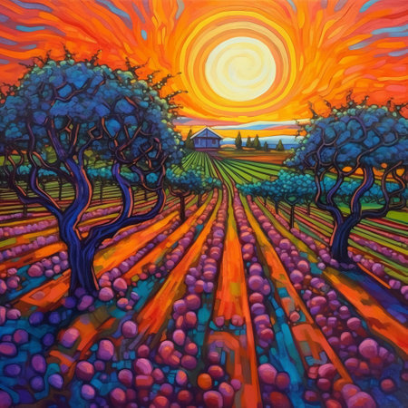 Sunset in the countryside. Colorful painting. Digital illustration.の素材