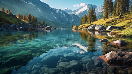 Mountain lake with clear water and reflections of mountains in the waterの素材