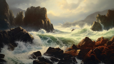 Beautiful seascape with rocks and waves. 3d renderの素材