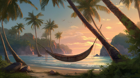 Hammock on the beach at sunset, 3d render illustrationの素材