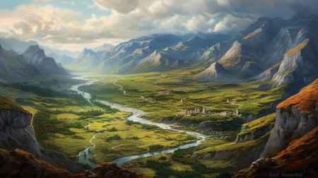 Fantasy landscape with mountains and river. Digital painting. 3d renderingの素材
