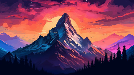 Beautiful mountain landscape. Sunset in the mountains. Vector illustration.の素材