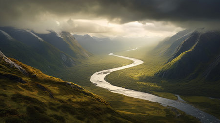 Panoramic view of a mountain river in the Scottish Highlands.の素材