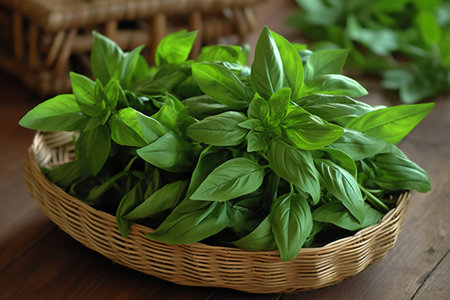 Fresh basil leaves in wicker basket on wooden table, closeupの素材