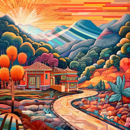 Autumn landscape with mountains, trees and houses. Vector illustration.の素材