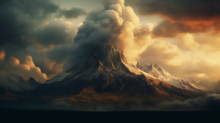 Mountain landscape with clouds at sunset. 3d render illustration.の素材