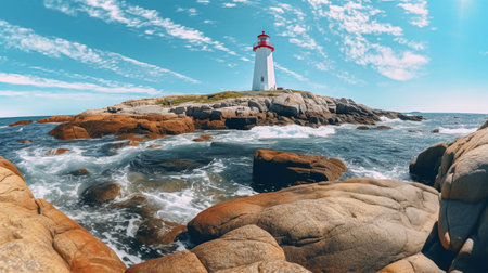 Lighthouse on a rock in the middle of the sea with clouds in the skyの素材