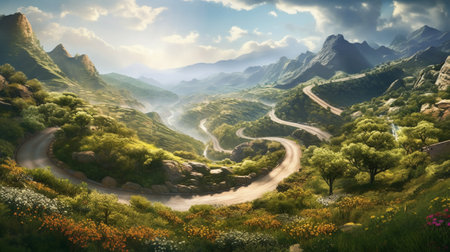 Landscape with winding road in the mountains. 3d render.の素材