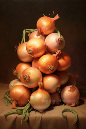 onions on a brown background, still life with onions, still lifeの素材