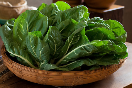 Bunch of fresh green chard in a basket on a wooden tableの素材