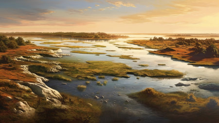 beautiful landscape with river and clouds at dawn. 3d renderの素材