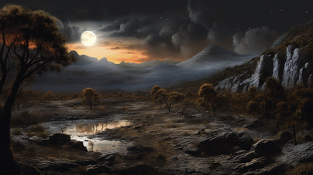 Fantasy landscape with a full moon in the sky. 3d renderの素材