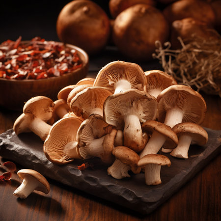 Shiitake mushrooms on a black slate plate on a wooden background.の素材