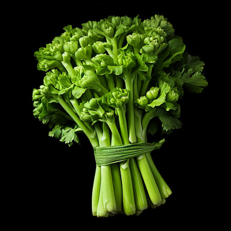 Bunch of fresh green celery isolated on a black background.の素材