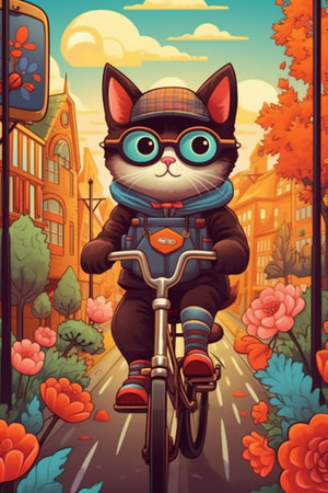 cartoon scene with cat in the city on bicycle - illustration for childrenの素材