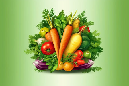 Vegetable background with fresh carrots, onions, tomatoes and greensの素材