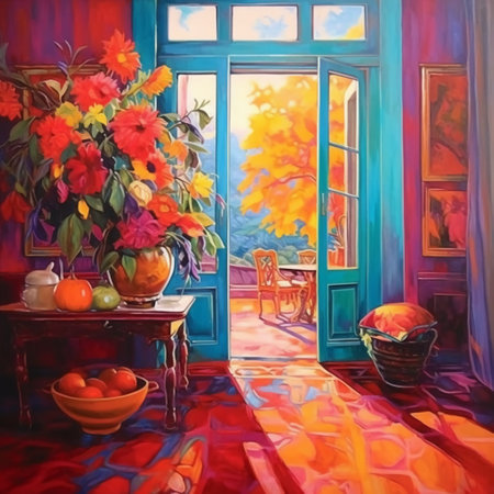 Painting of interior room with window and flowers in vase.の素材