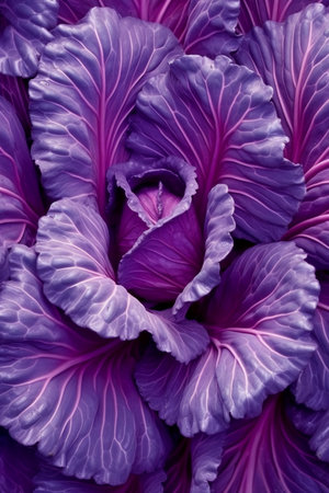 Purple cabbage background. Close-up of purple cabbage leaves.の素材