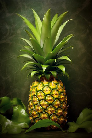 Pineapple with green leaves on a dark background with smoke.の素材