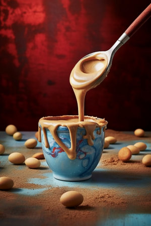 Coffee with condensed milk in a blue cup on a wooden backgroundの素材