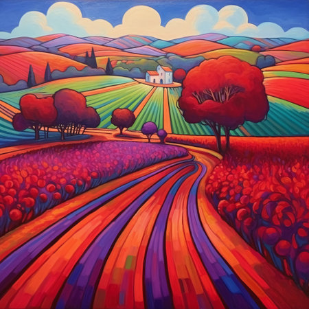 Landscape with fields and farm. Colorful painting on canvas.の素材