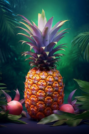 Pineapple on a dark background with tropical leaves and fruits.の素材