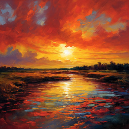 Beautiful sunset over the river, oil painting on canvas, landscapeの素材