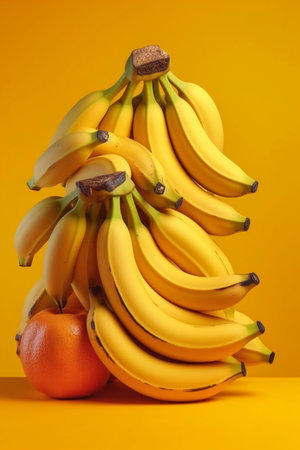 Bunch of bananas and orange on yellow background. Healthy food concept.の素材