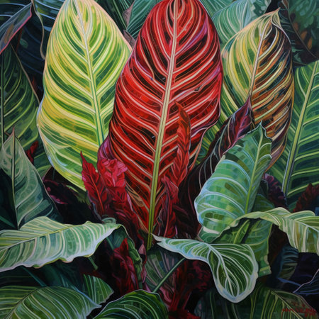 Variegated green and red leaves of Calathea variegataの素材