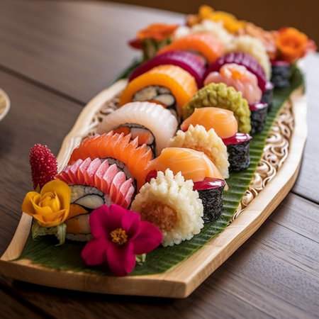 Sushi set on a wooden plate. Sushi rolls with salmon, tuna, eel, caviar, caviar, cream cheese, cucumber, avocado, ginger, wasabi and mayonnaise.の素材
