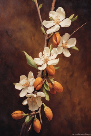 Blossoming branch of cherry on a brown background. Photo in old image style.の素材