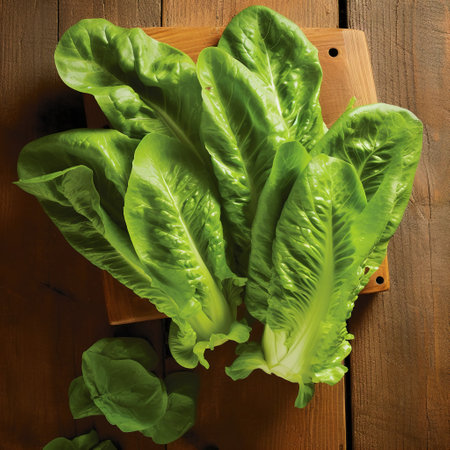 Fresh Romaine Lettuce on wooden background. Top view.の素材