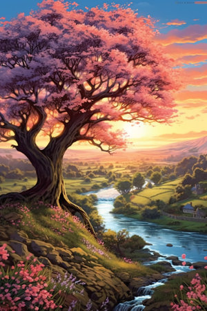 Illustration of a beautiful fantasy landscape with a tree and flowers.の素材