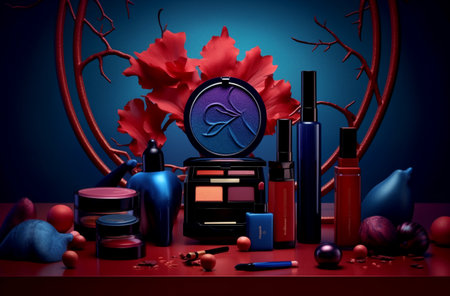 Cosmetic products with red leaves on dark blue background. 3d renderingの素材