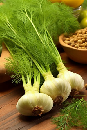 Fresh fennel bulbs on a wooden table with other ingredients.の素材