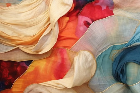 Texture, background, pattern. Silk fabric is transparent, multi-colored, yellow, blue, red, orange, brown.の素材