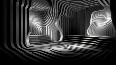 3d render of abstract background. Futuristic interior with black and white stripesの素材