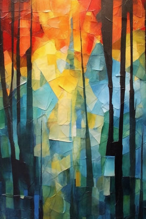 Abstract painting. Multicolored trees in the forest at sunset.の素材