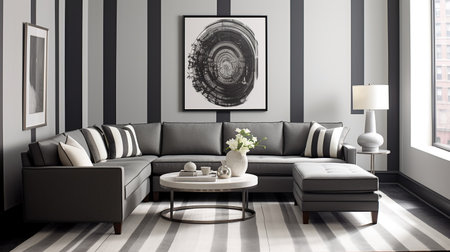 Living room interior design with black sofa, coffee table, lamp and vase. 3d renderの素材